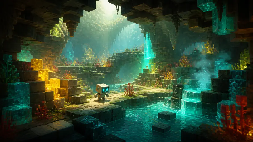 Original block-built cavern with glowing minerals