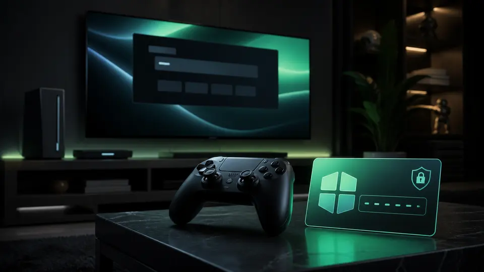 Original illustration of secure game-code redemption on a living-room console