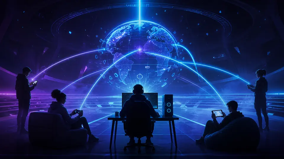Original illustration of players connected across gaming devices
