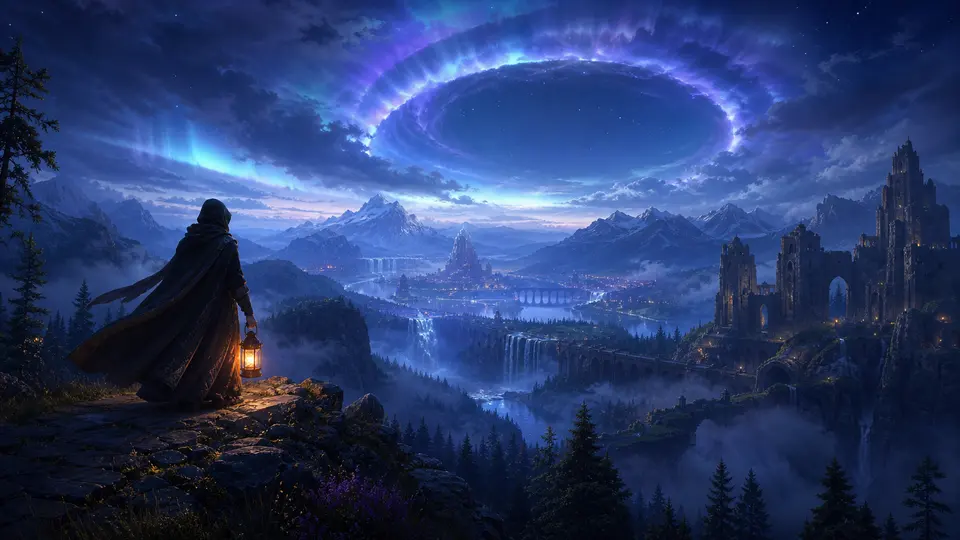 Original fantasy landscape with a traveler beneath an aurora