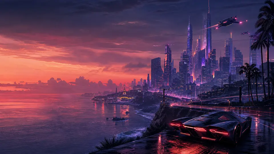 Original illustration of a futuristic coastal city at sunset